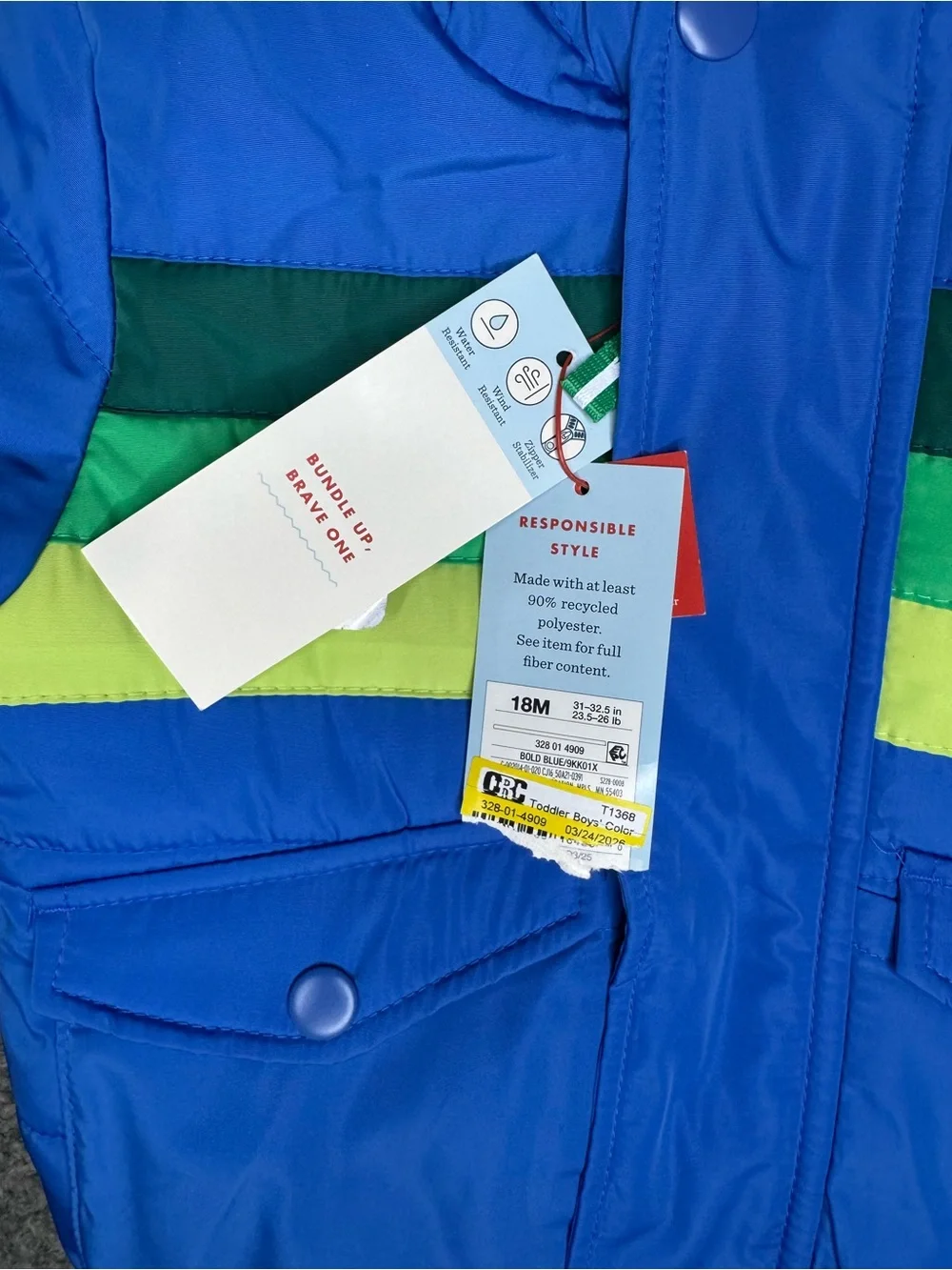 Cat & Jack Toddler Boys Colorblock Striped Heavyweight Puffer - Blue 18M NWT